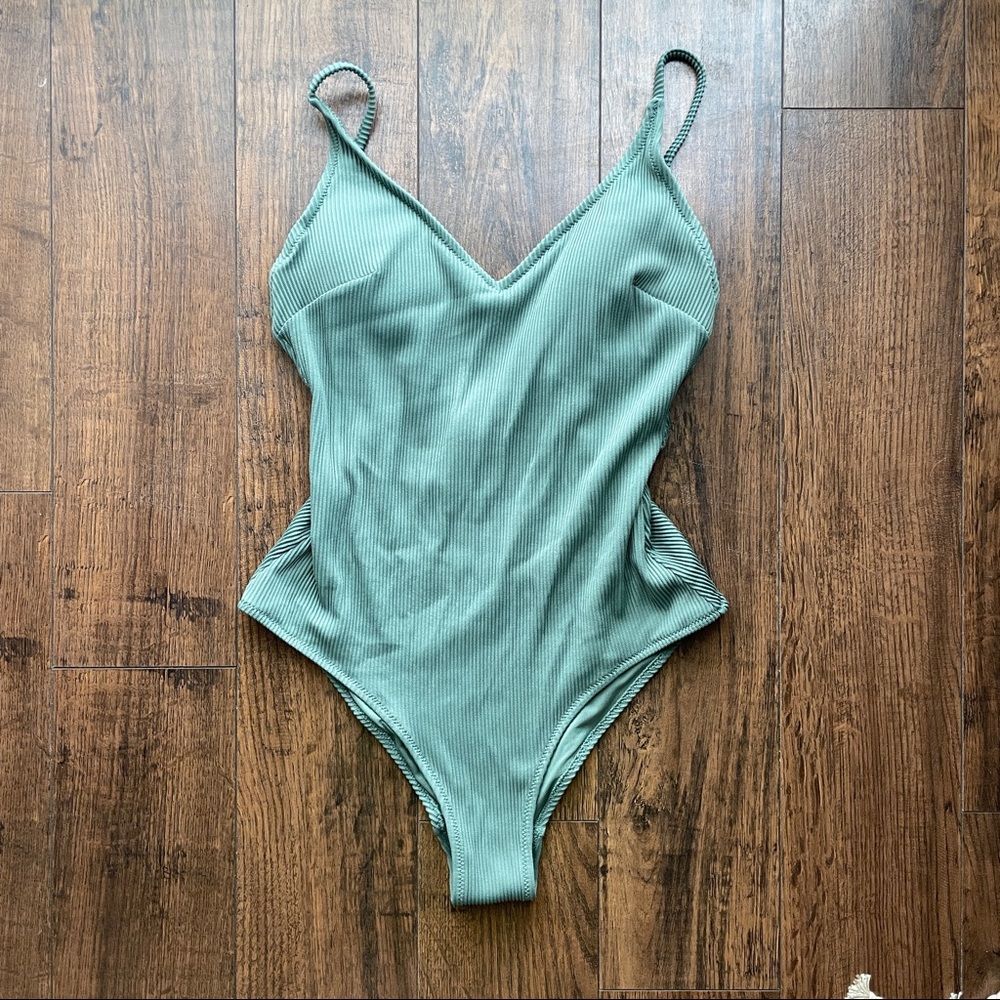 H&M Ribbed Dark Green One Piece Bathing Suit